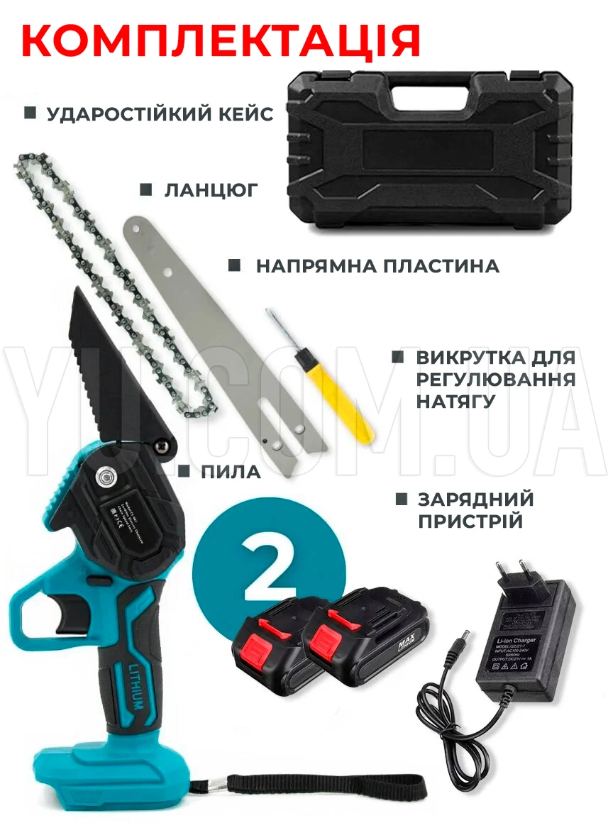Аккумуляторная цепная мини пила 4 дюйма (10.16см) 24Vf  в кейсе - 2 аккумулятора, очки, инструменты